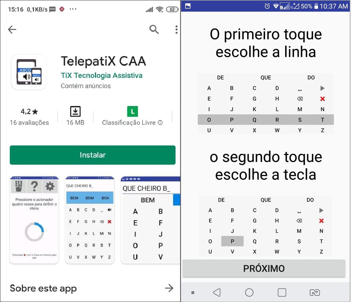 Imagem de dois prints da tela de um smartphone ilustrando o TelepatiX. À esquerda, a tela do Google Play com o aplicativo selecionado. Ao lado, o app está aberto na página de instruções mostrando como navegar no teclado virtual.