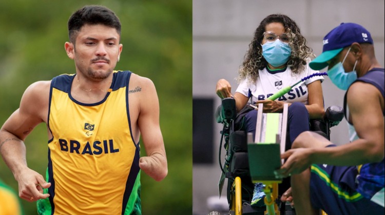 Os atletas Evelyn Oliveira e Petrúcio Ferreira durante os treinos em Hamamtsu. Os atletas estão uniformizados com as roupas da Delegação Paralímpica Brasileira.